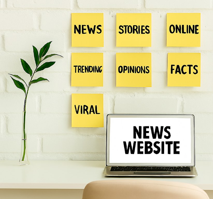 Keywords for a news website on sticky notes.