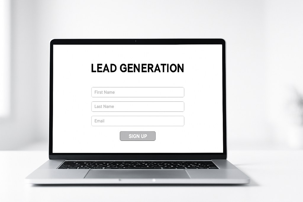 Lead generation landing page with a form on a laptop.