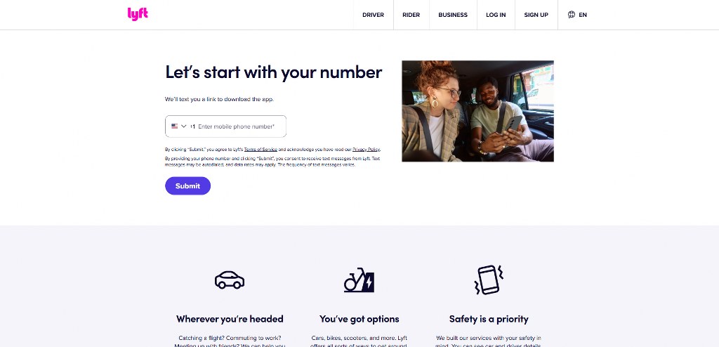 Lyft's sign up page.
