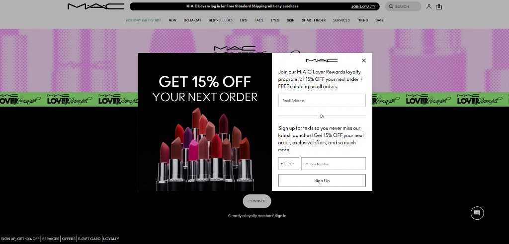 MAC Cosmetics sign up.