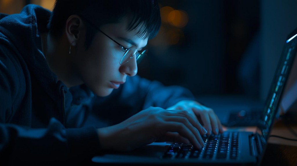 Male person typing on laptop.