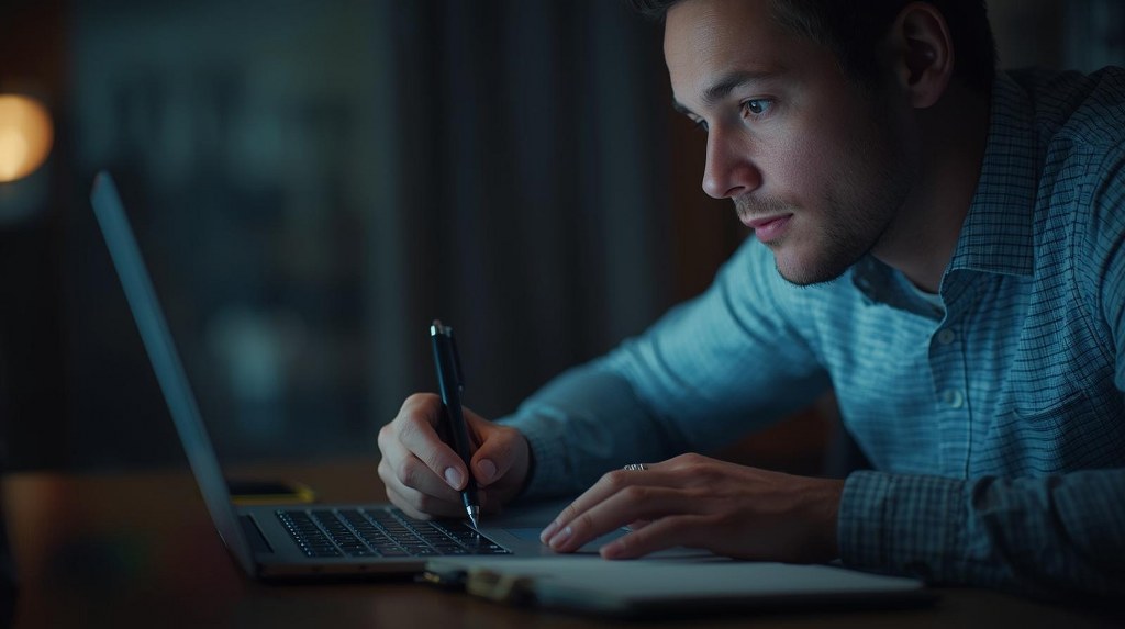 Male taking note on his notebook while looking at laptop.