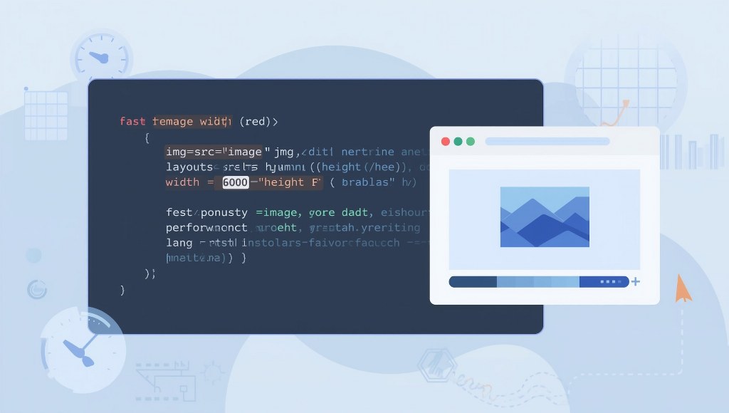 Modern vector illustration of an HTML img tag with glowing width and height attributes.