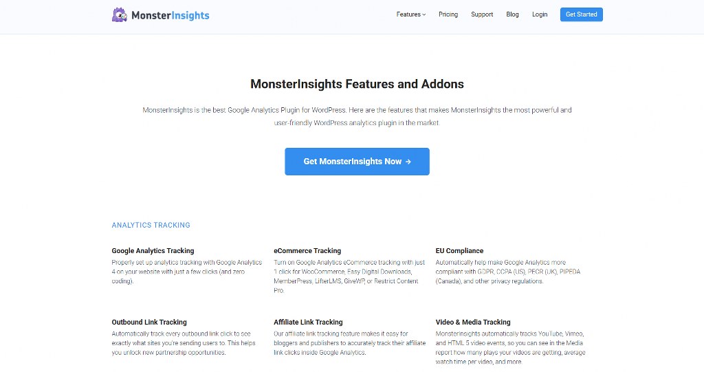 Monster Insights features page.