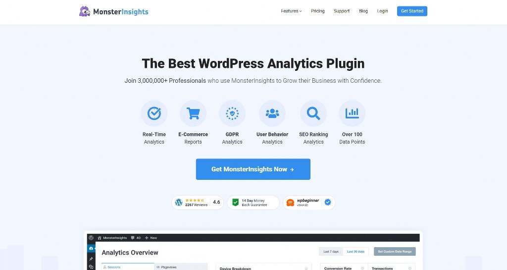 Monster Insights homepage.