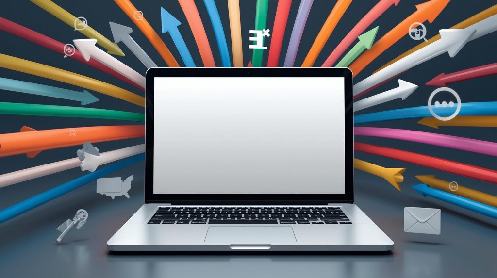 Multiple colorful arrows of different sizes flow inward toward the laptop screen from all directions.