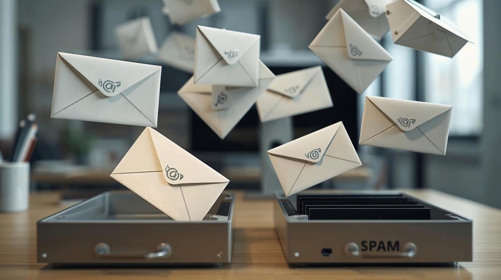 Multiple email envelopes traveling through the air, with most landing safely in an open inbox tray.