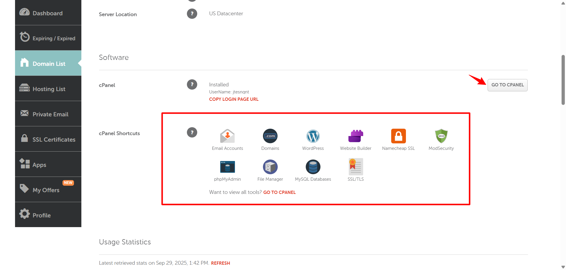 screenshot of the “Go To Cpanel” button
