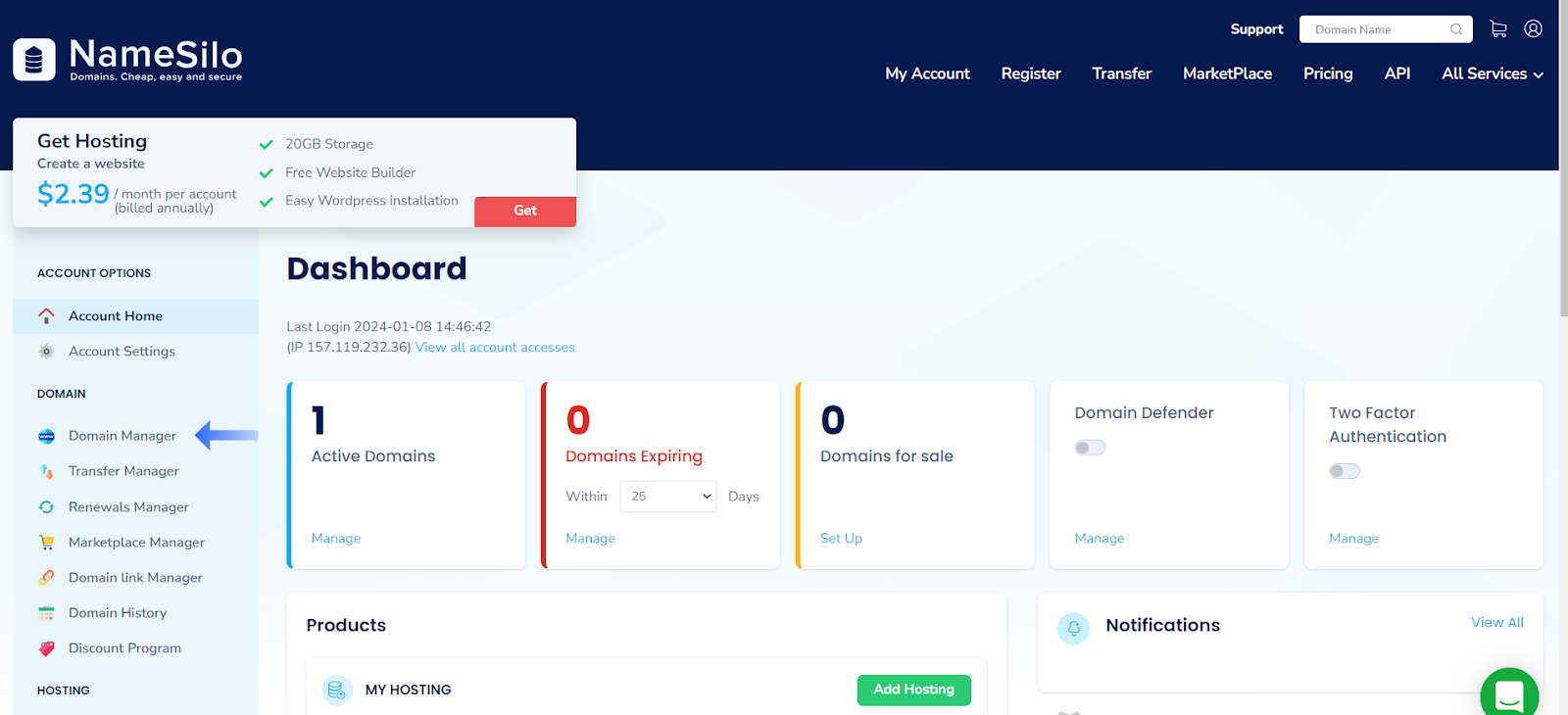 screenshot of Namesilo Dashboard
