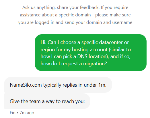 screenshot of the Namesilo Livechat conversation