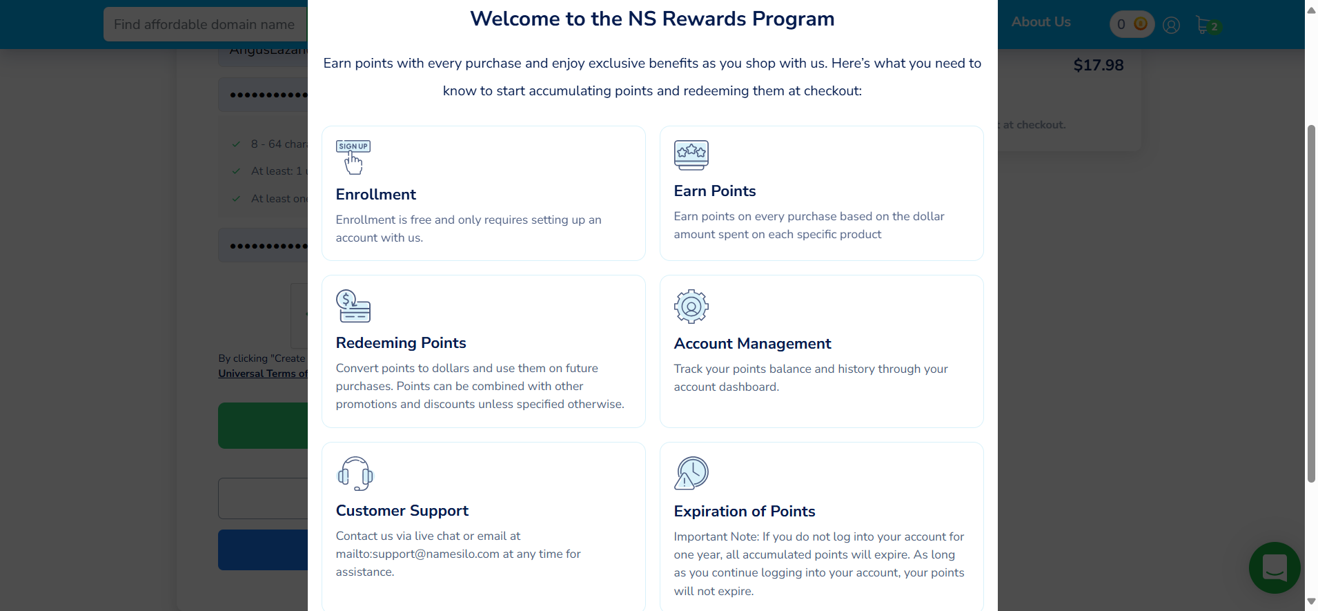 screenshot of the pop-up about the NS Rewards Program