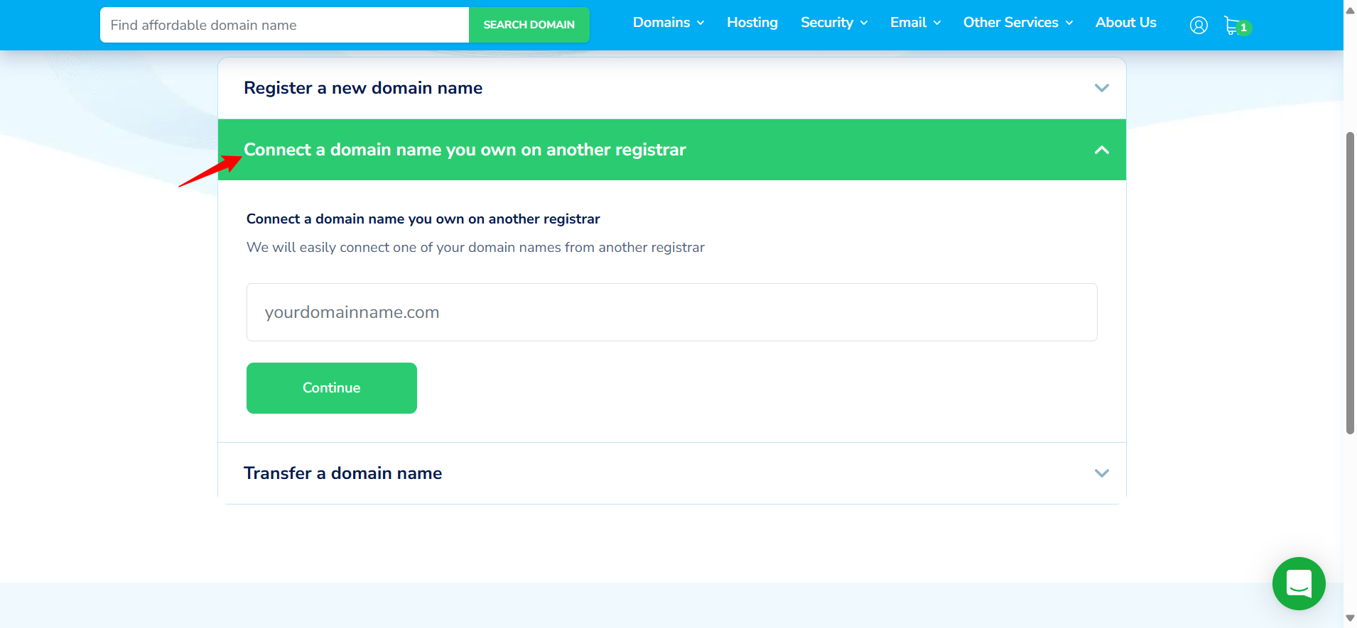 screenshot of the Domain menu