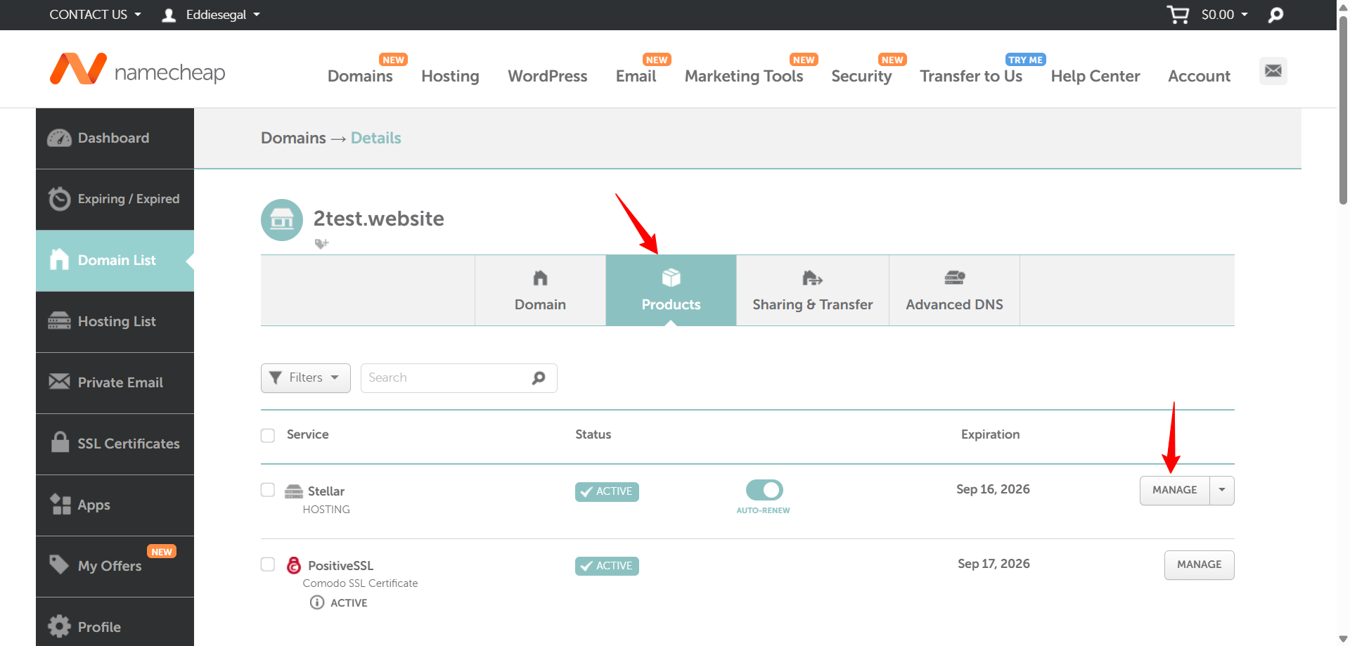 screenshot of the Products tab