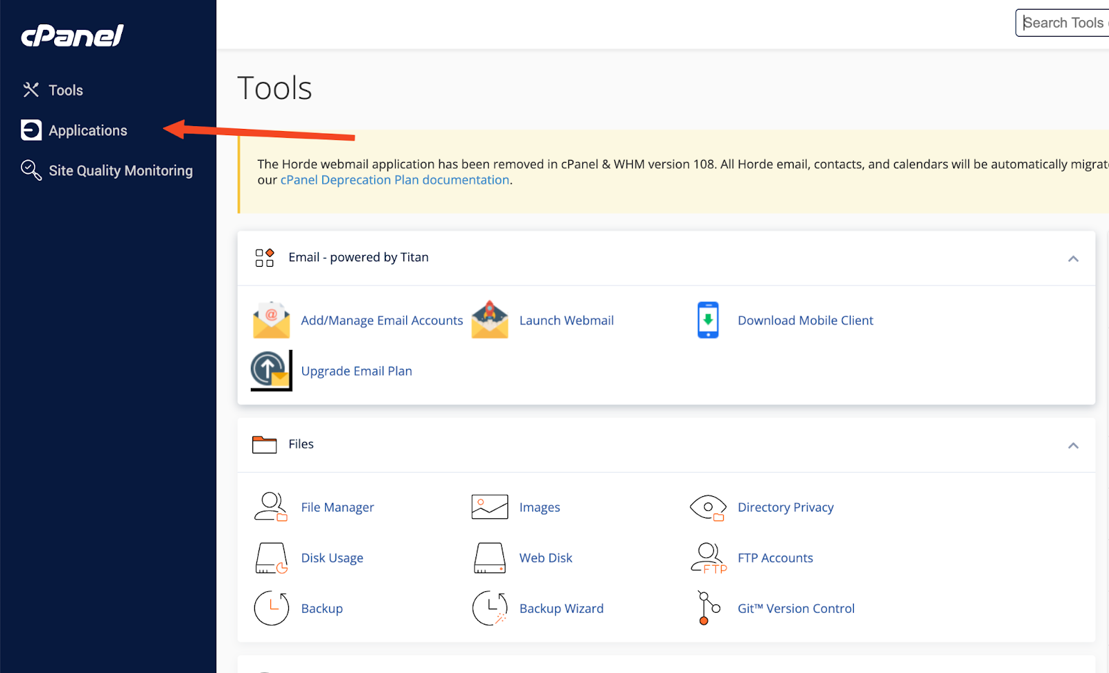 screenshot of the “Applications” button on the cPanel