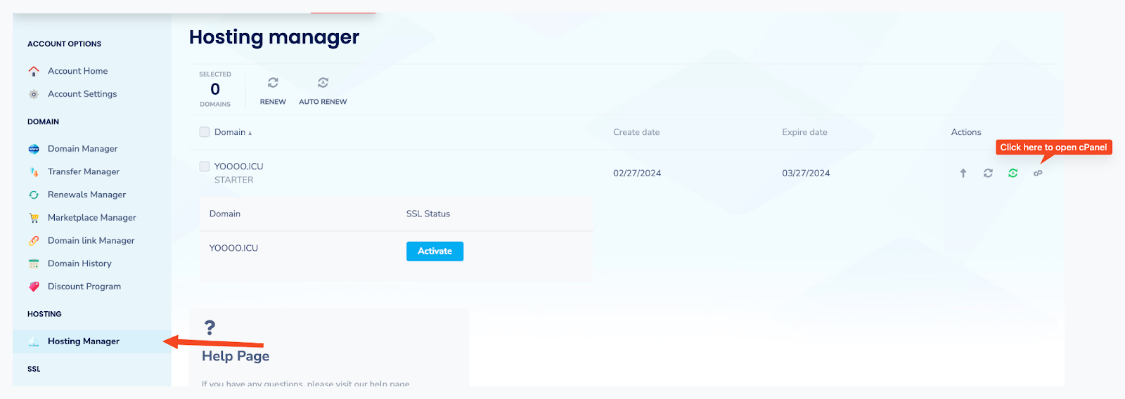 screenshot of the “Hosting Manager” button