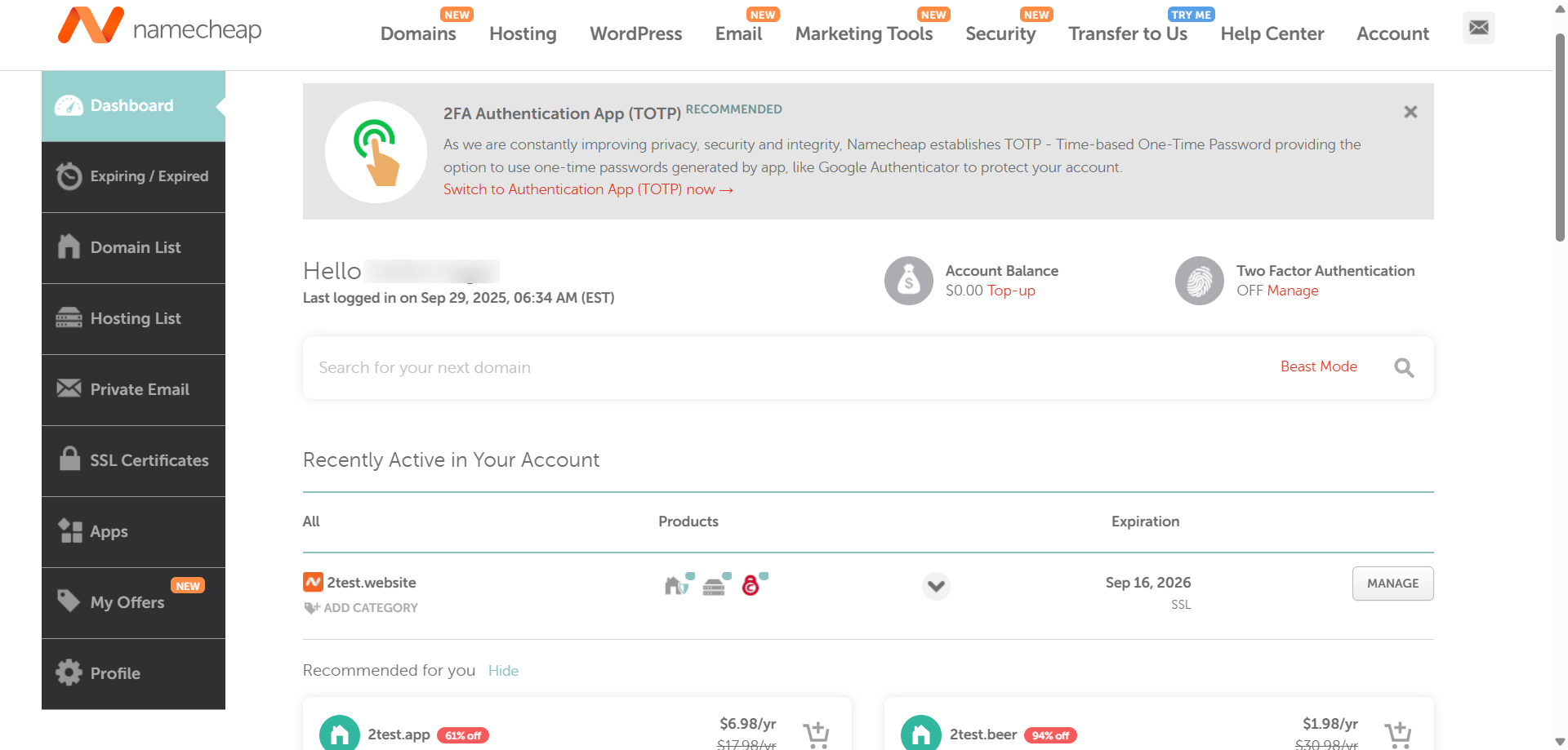 screenshot of Namecheap Dashboard