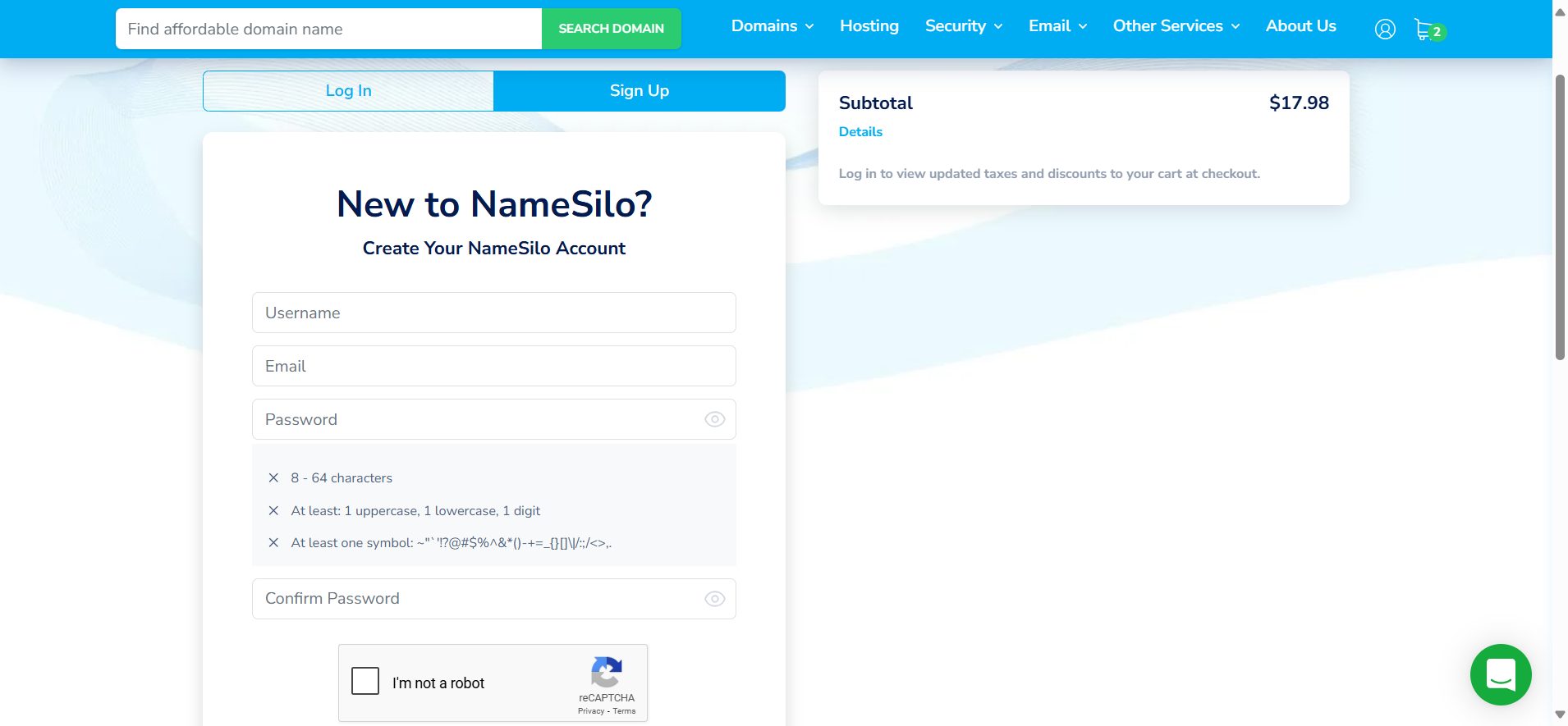 screenshot of the Namesilo’s signup form