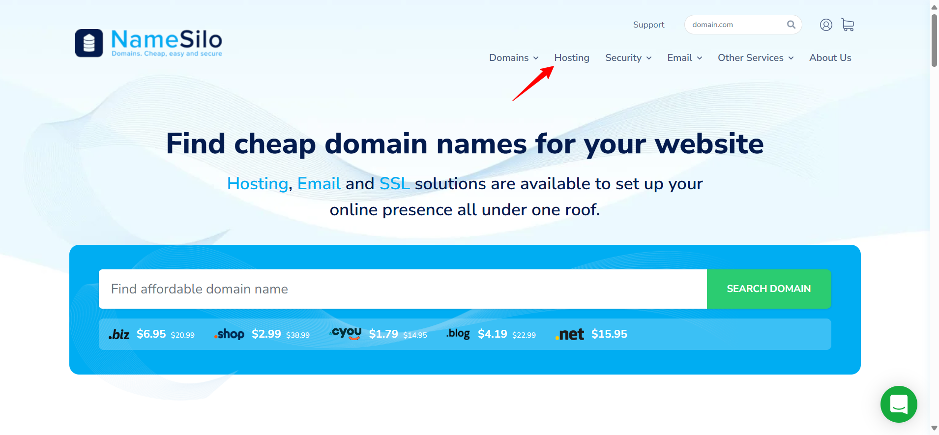 screenshot of the Namesilo’s “Hosting” button