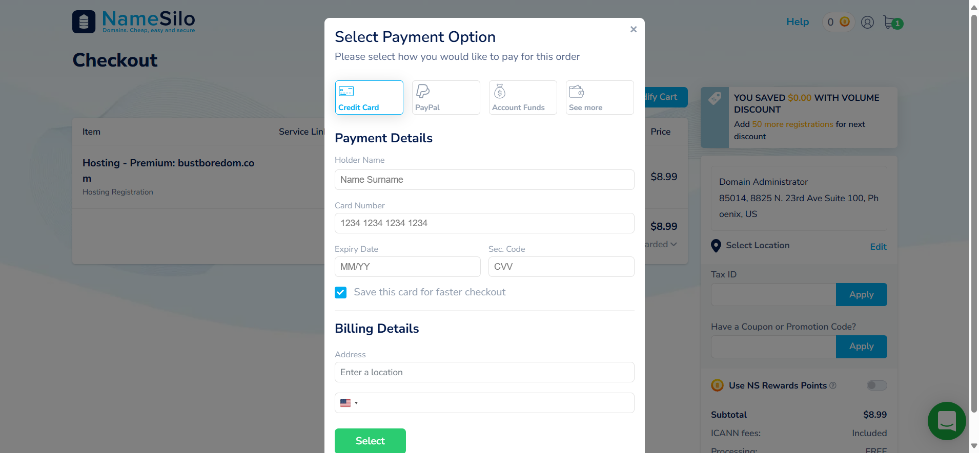 screenshot of Payment Options
