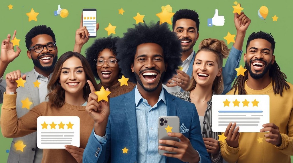 Online review concept: Diverse group of customers happy and holding stars.