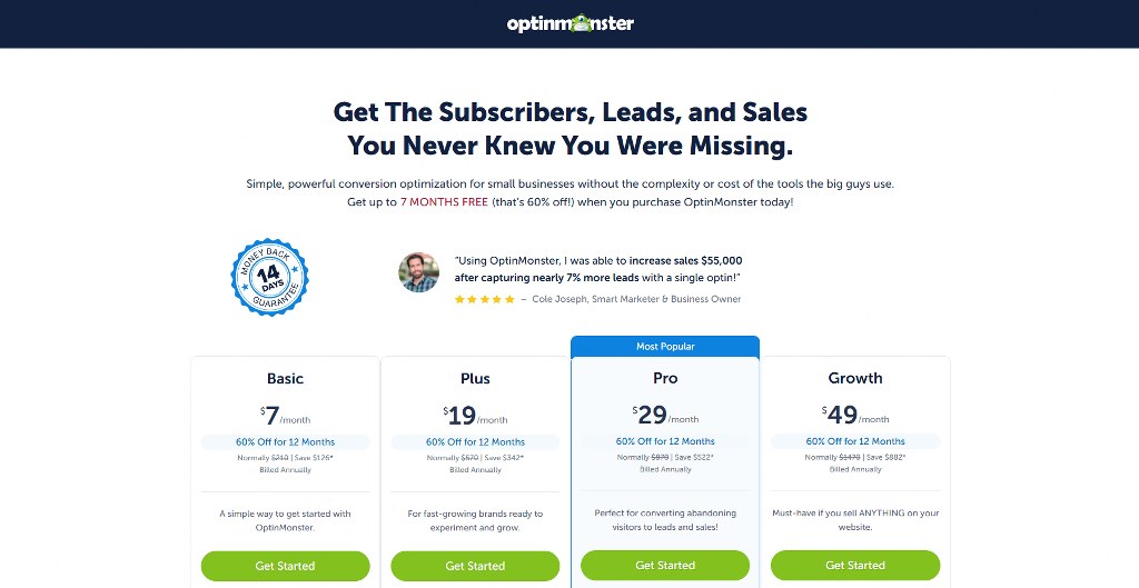 OptinMonster's pricing page.