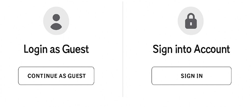 Options for continuing as guest or signing into an account on a website.