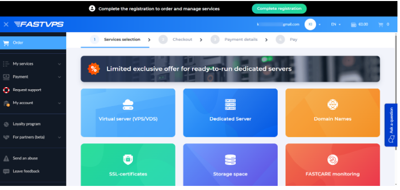 Seção de Order da FASTVPS mostrando seleção de serviços
