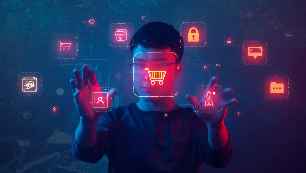 Person browsing multiple glowing holographic eCommerce platform icons.