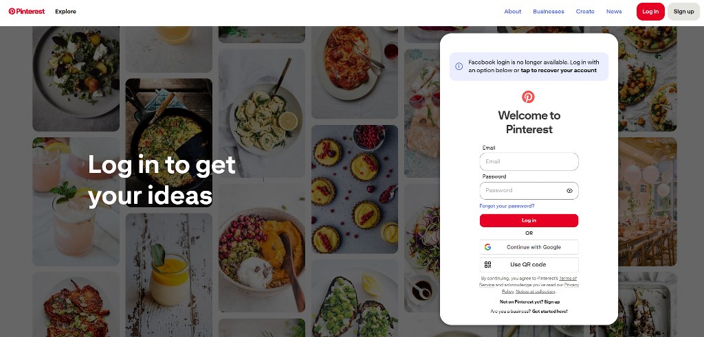 Pinterest's website sign-in page.