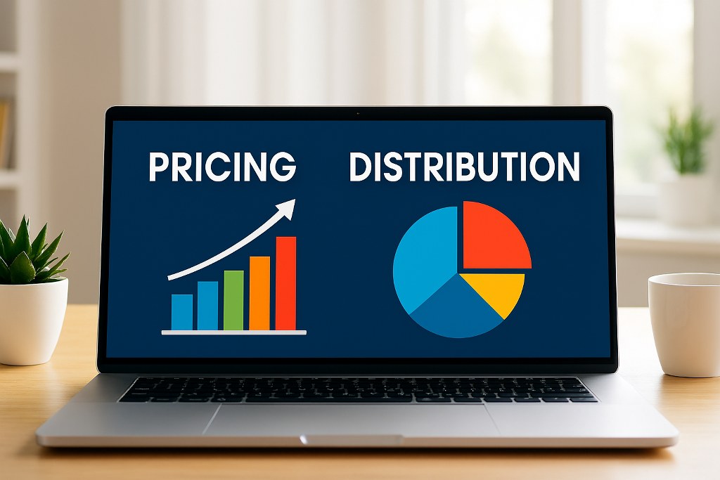 Pricing and distribution graphs on a laptop.