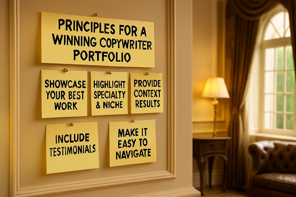 Principles for a Winning Copywriter Portfolio on sticky notes.