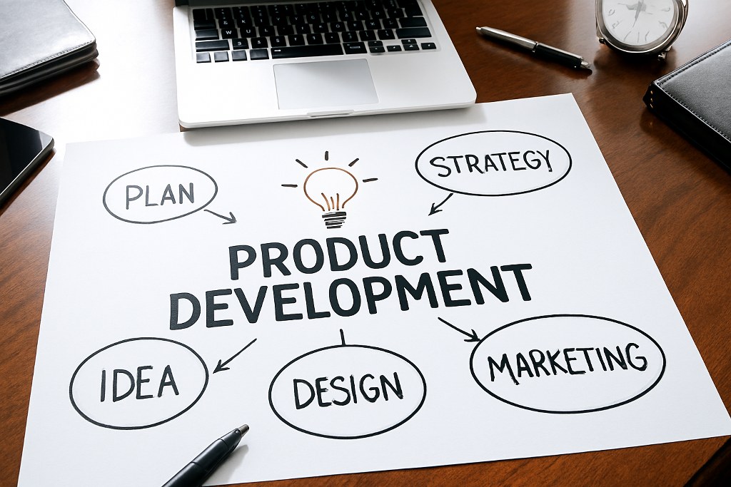 Product development keywords on a piece of paper.