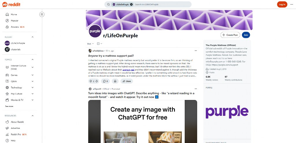 Purple Mattress' community on reddit.