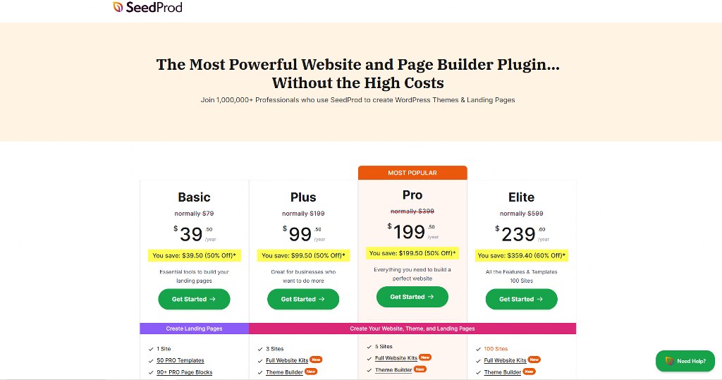 SeedProd's pricing page.