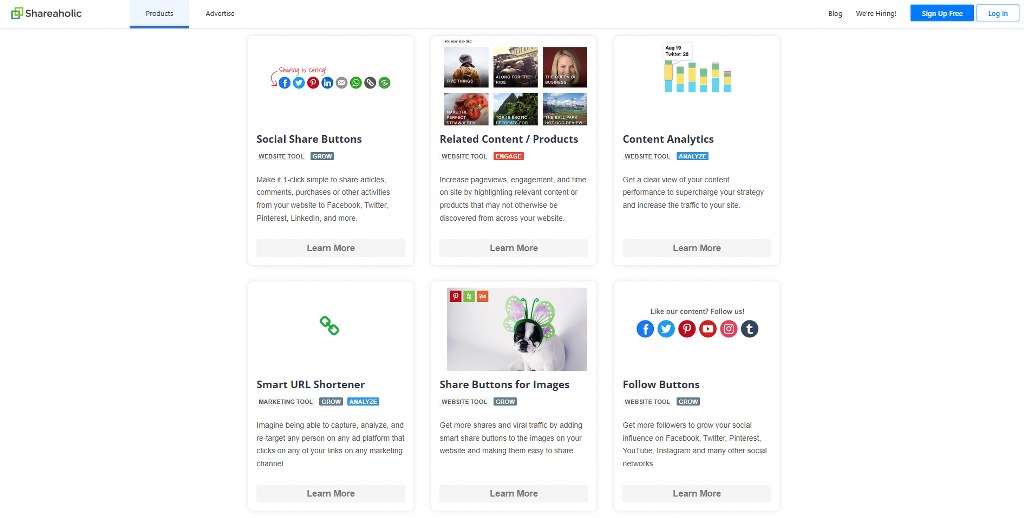 Shareaholic's products page.