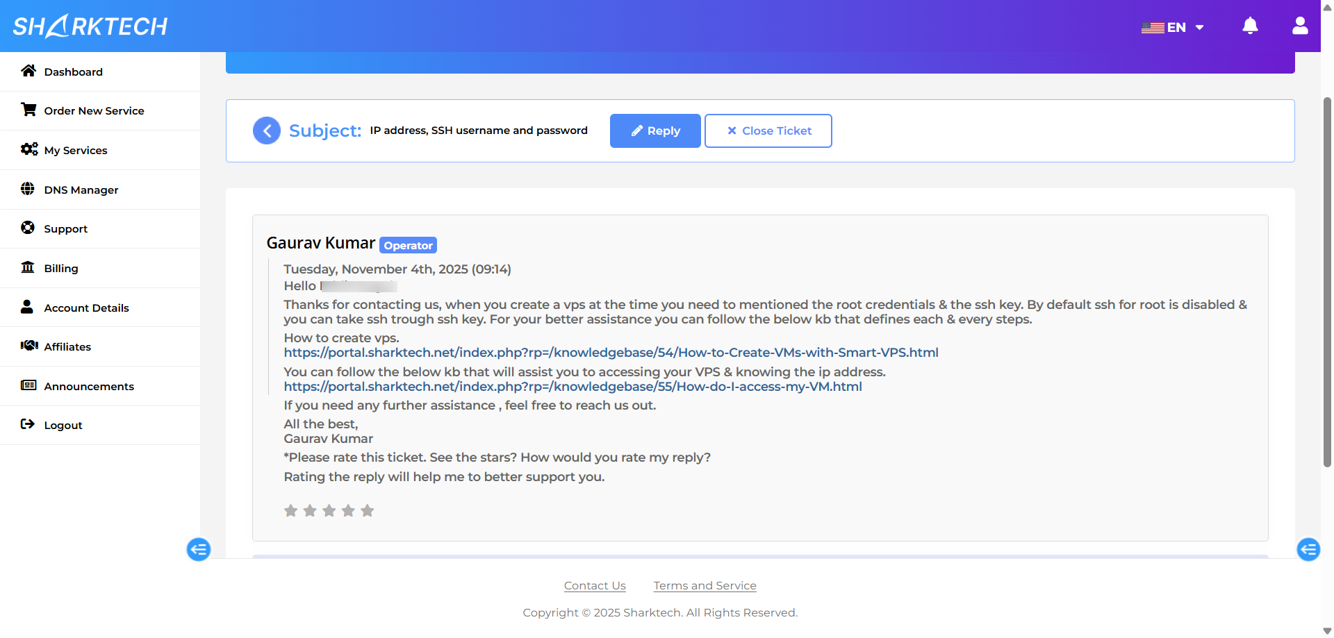 screenshot of Ticket support