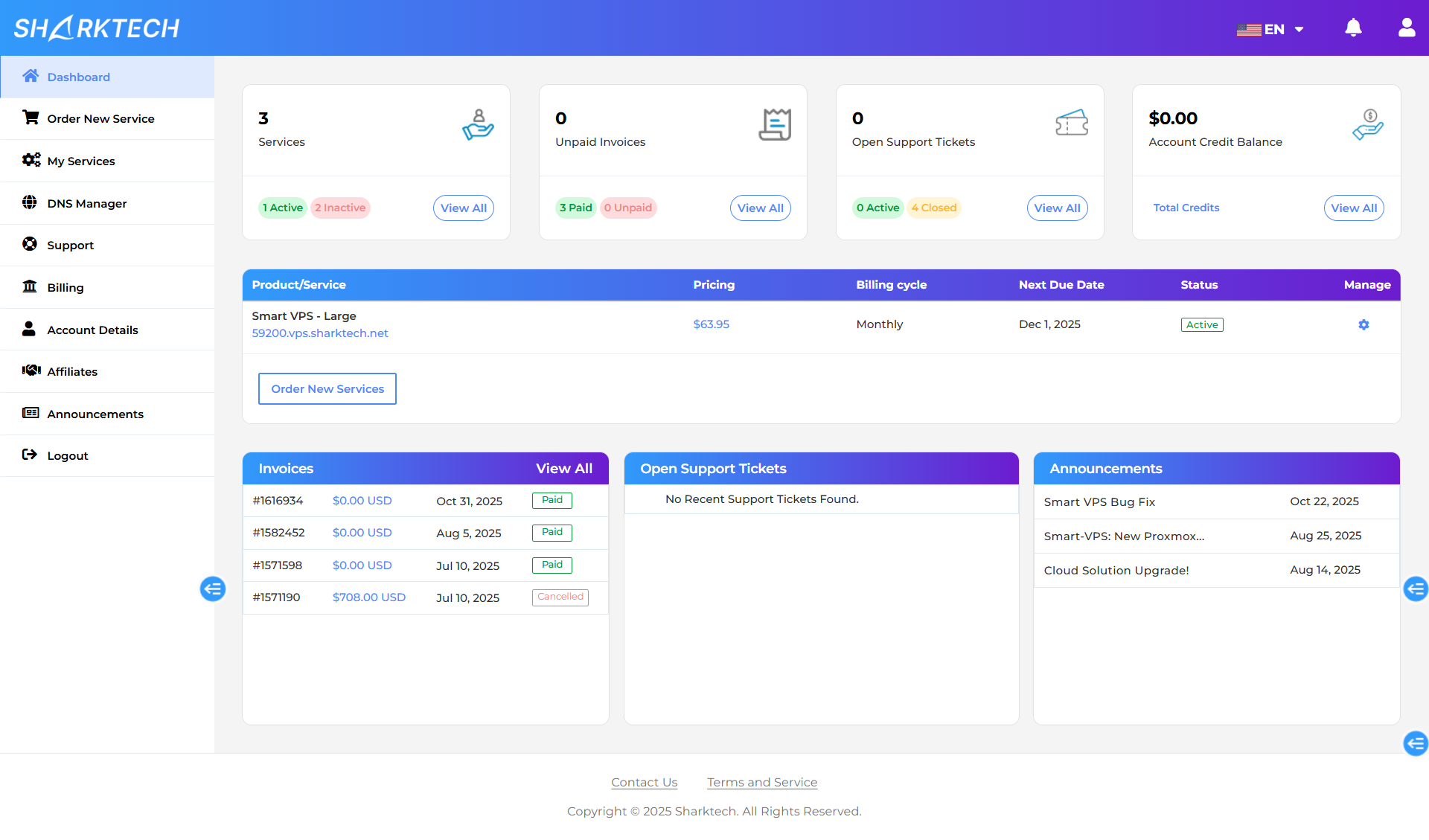 screenshot of the dashboard