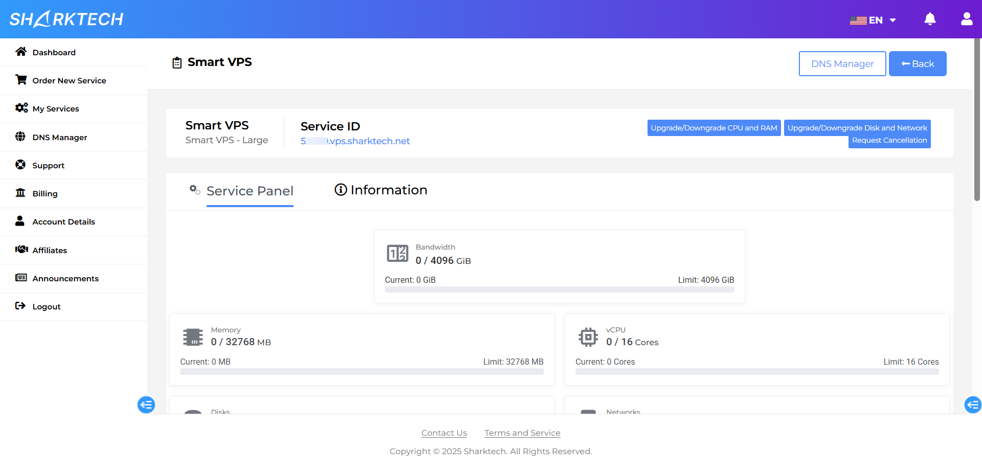 screenshot of Service Panel