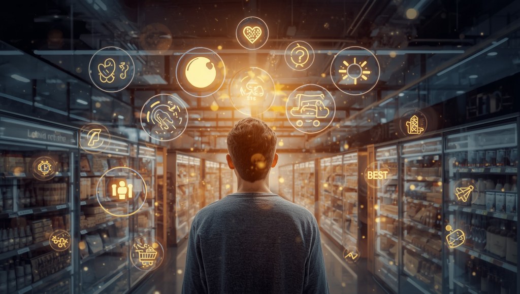 Shopper looking at product with subtle visual cues that influence decision-making.