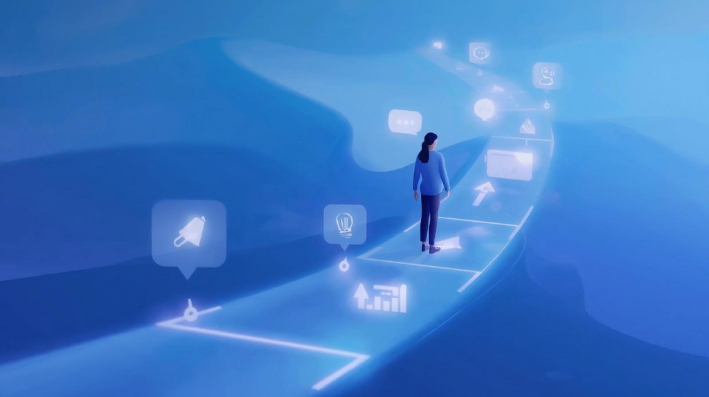 Show a person moving along a smooth, glowing pathway or timeline, with key touchpoints.