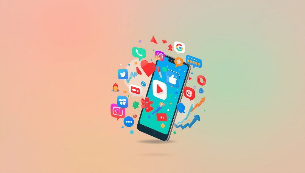 Smartphone surrounded by floating social media icons.