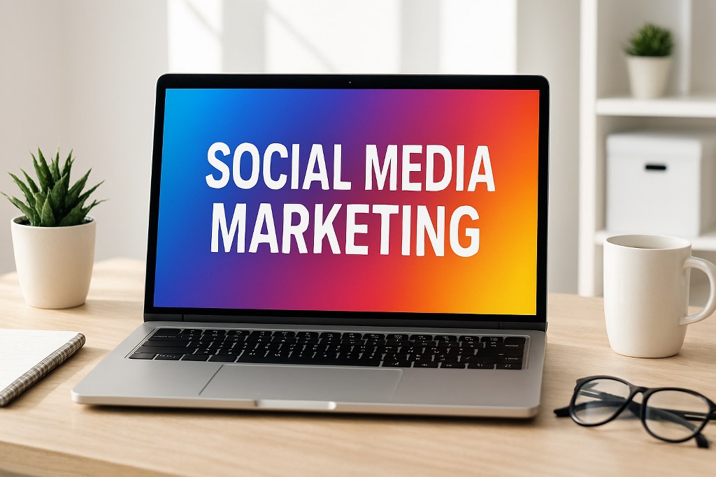 Social media marketing text on a laptop