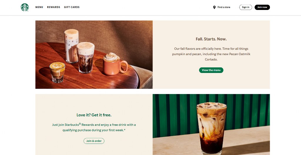 Starbucks website homepage.
