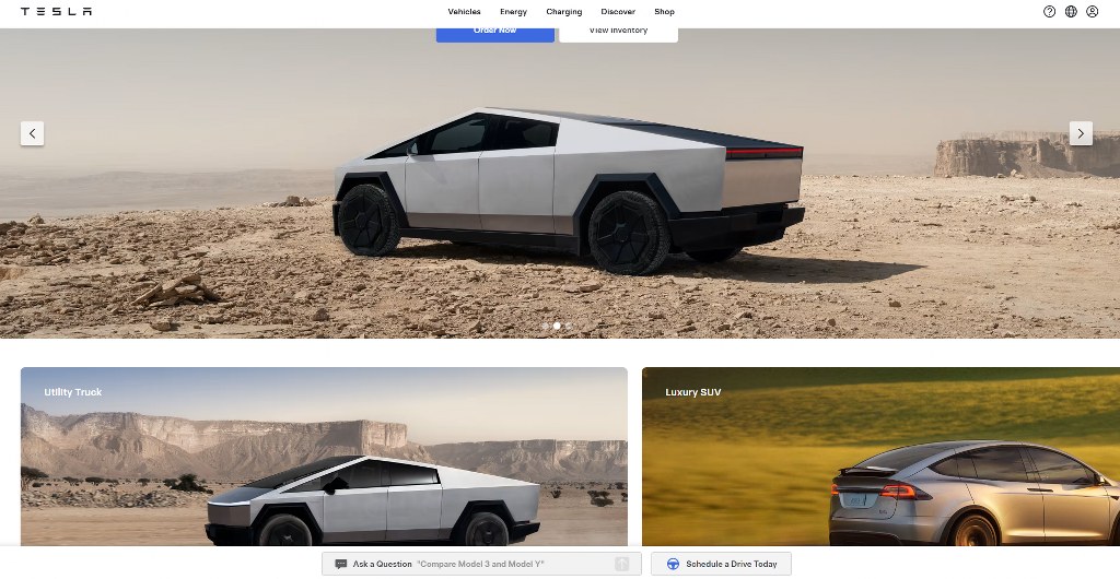 Tesla's website homepage.