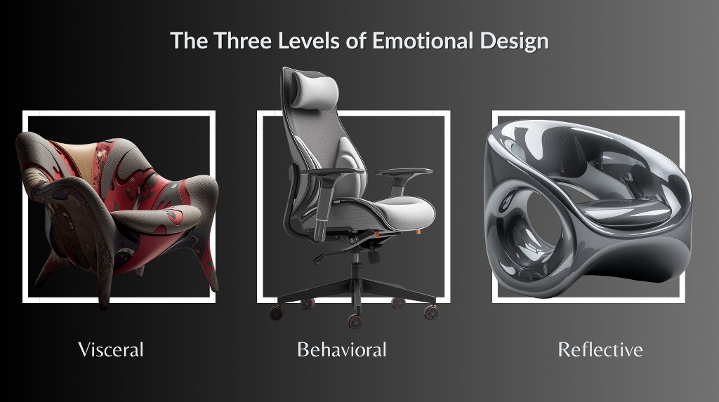 The Three Levels of Emotional Design with chair as sample product.