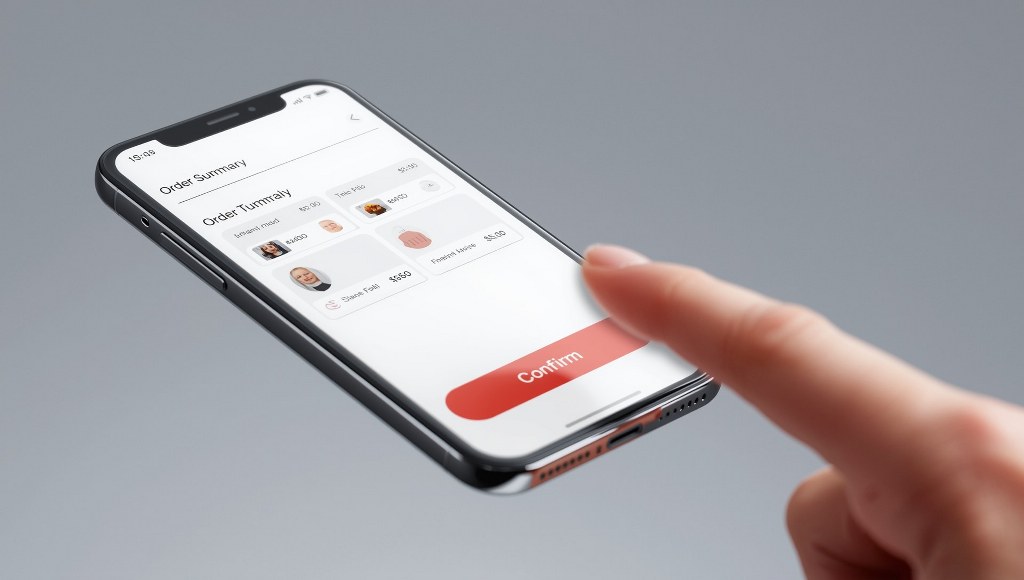 The confirm button sits at the bottom right in checkout.