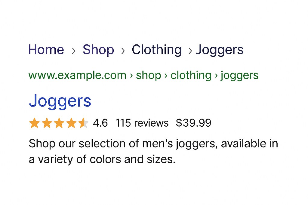 The image visually represents how breadcrumb navigation and structured data enhance a search result listing, providing both context and clarity for users.