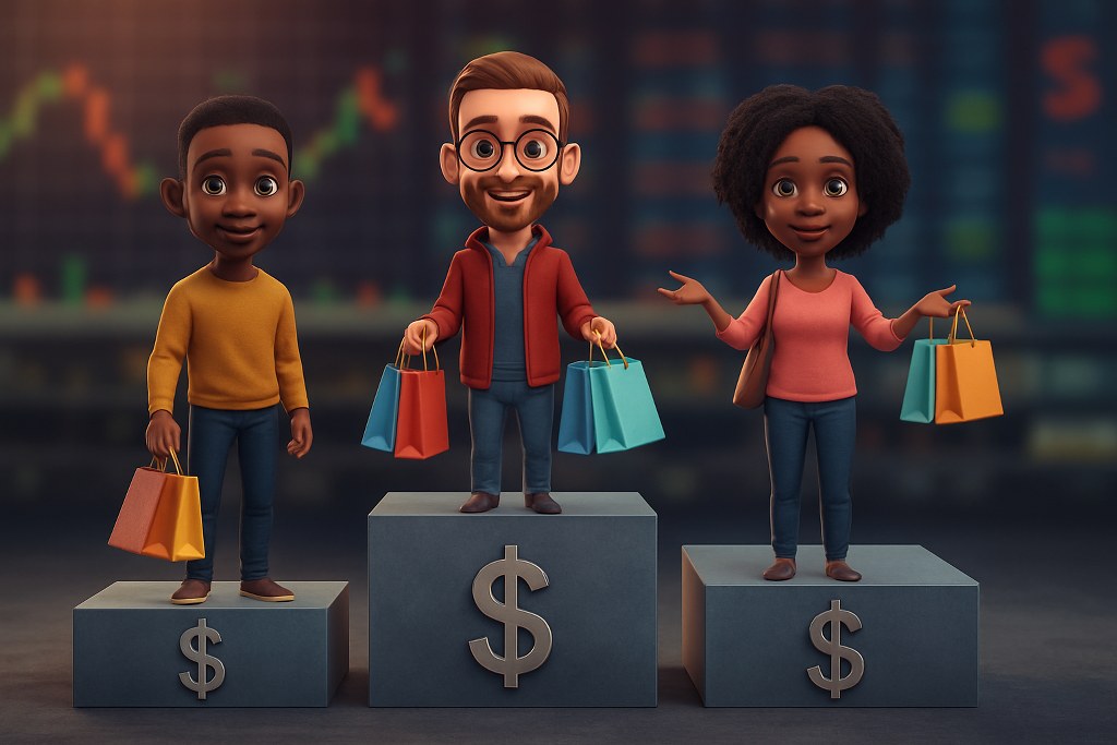 Three customers standing on podium blocks of different heights with dollar symbols increasing value.