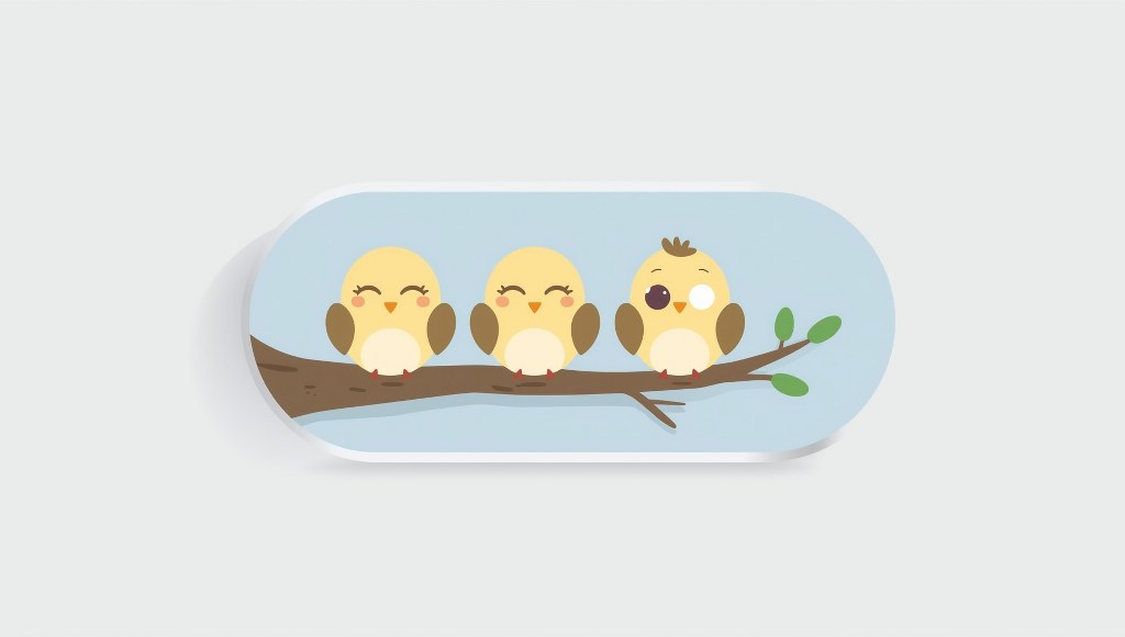 Three cute cartoon birds are sitting on the branch.