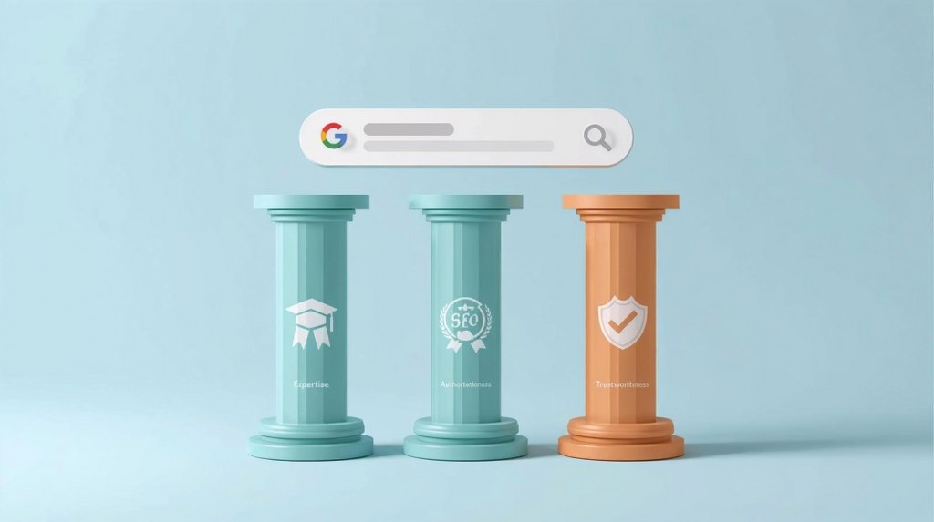 Three distinct pillars or icons supporting a website or search result at the top.